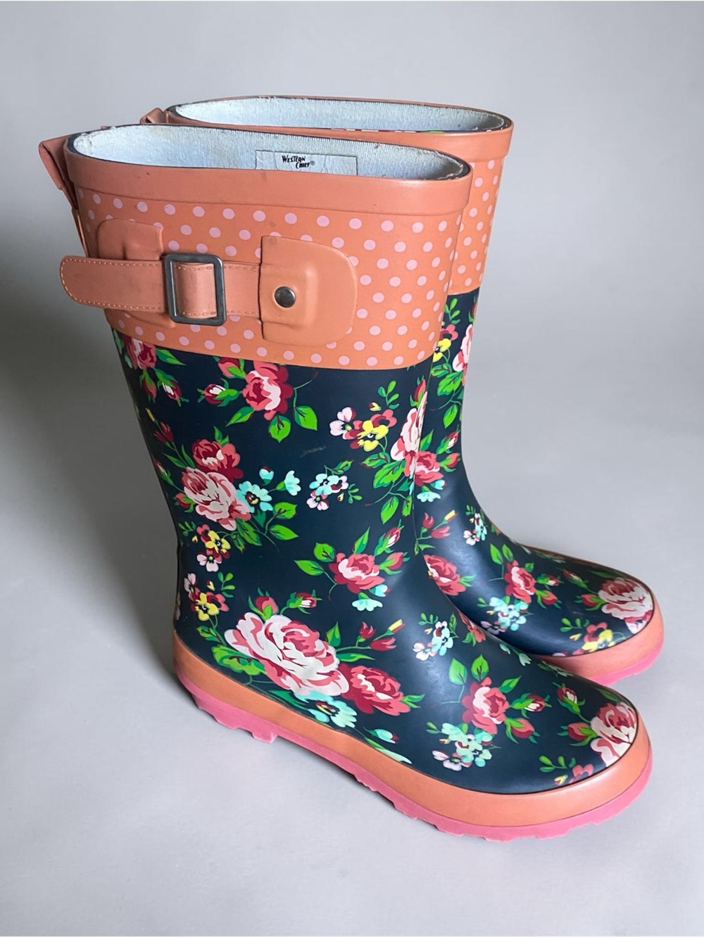 Western Chief‎ Girls Navy Floral Rain Boots with Pink Trim